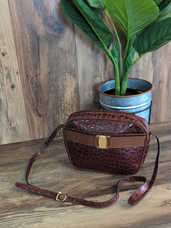 Salvatore Ferragamo Handbags - Salvatore Ferragamo Vara Ribbo Crocodile Embossed Leather Shoulder Crossboy Bag